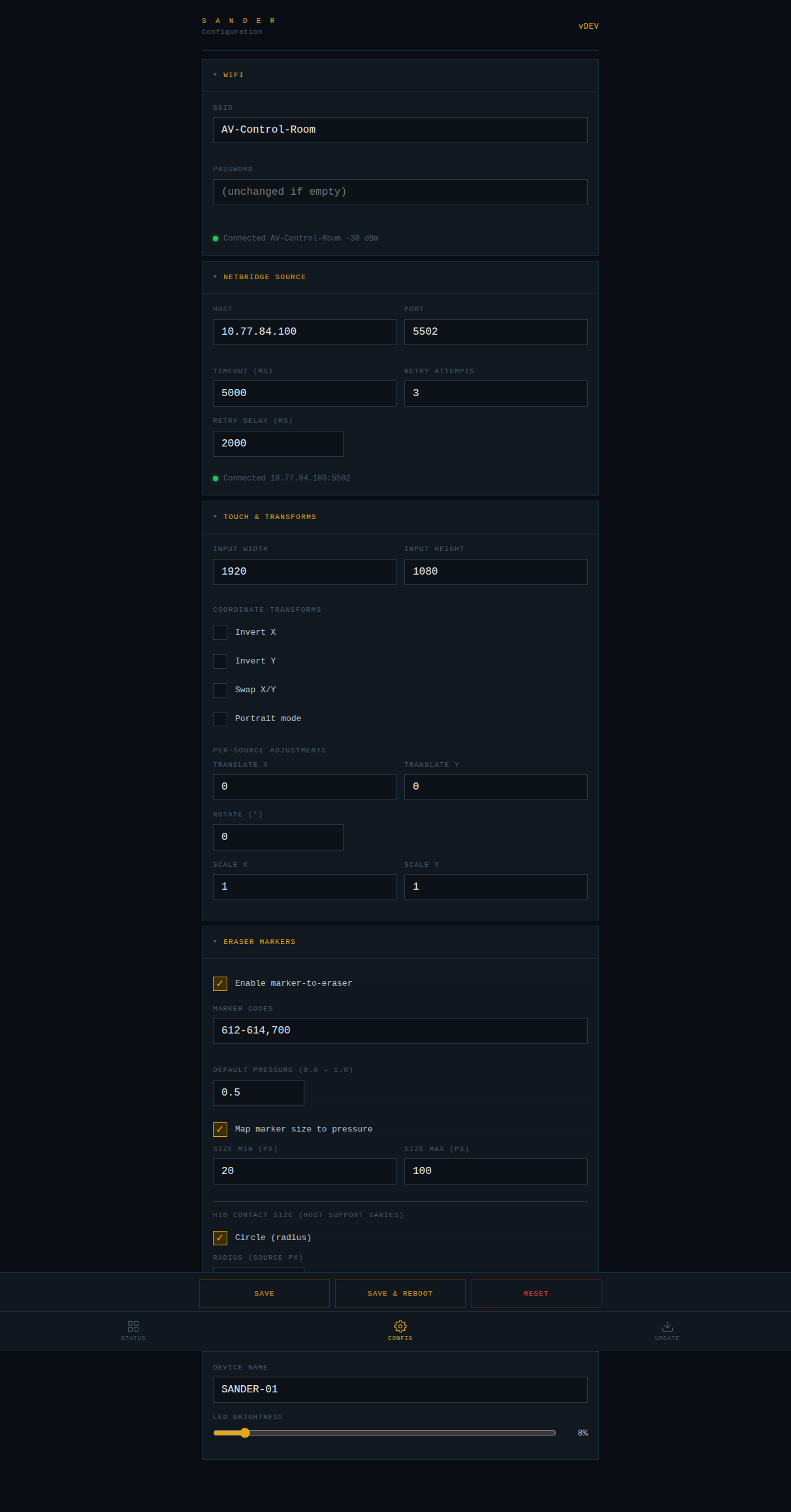 SANDER configuration page